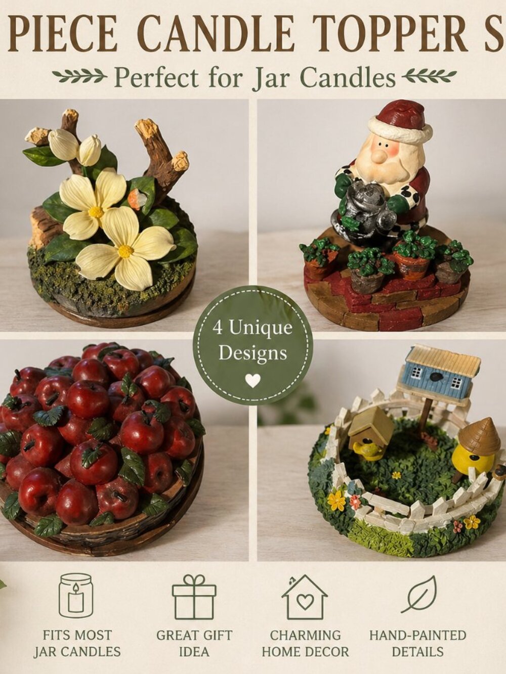Set of 4 Jar Candle Toppers | Cottage Garden Apple Santa Birdhouse Decor